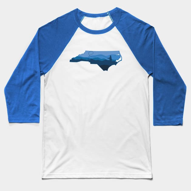 North Carolina Fly Fishing Blues State Outline Fly Fisherman NC Gifts Baseball T-Shirt by TeeCreations